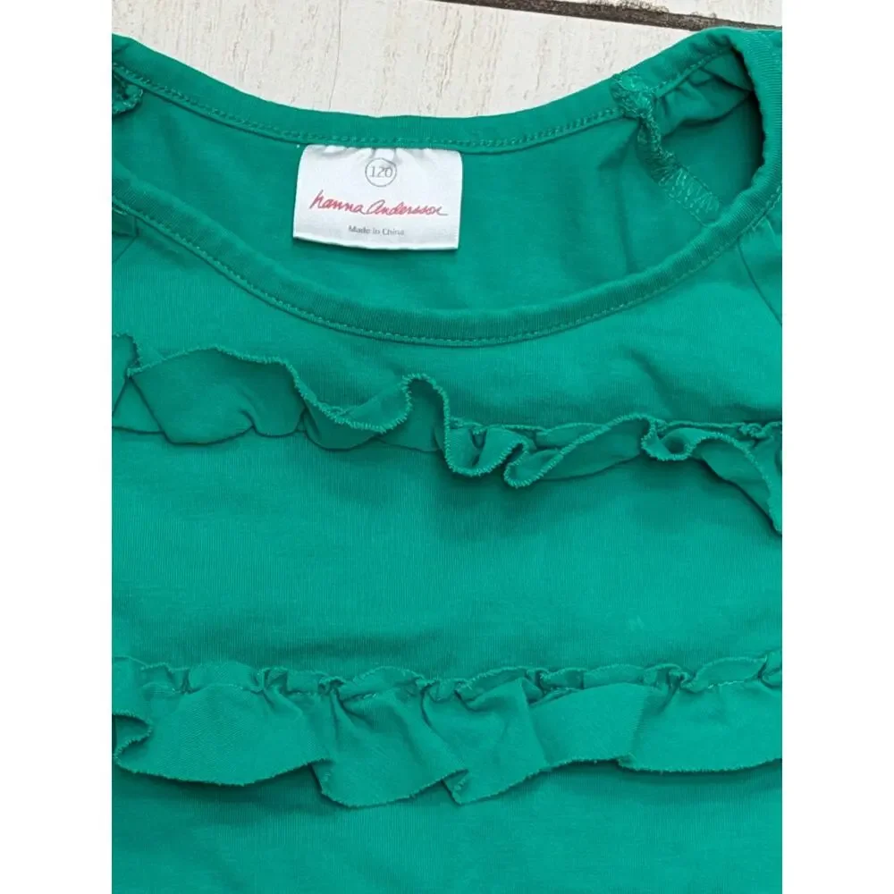 Hanna Andersson Emerald Green Ruffle Dress Girls Size 120 6/7 Cotton Knit